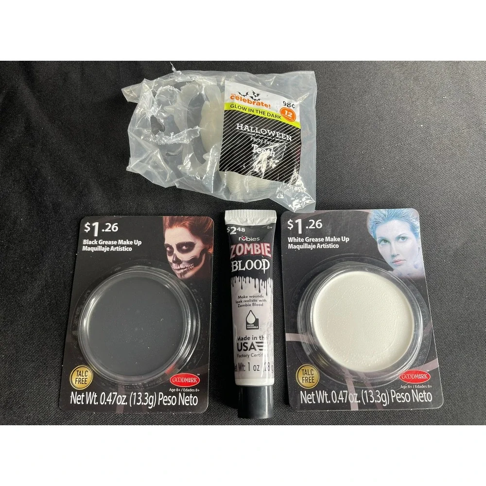 Halloween Makeup Bundle Goodmark Black White Grease Paint Rubies Zombie Teeth